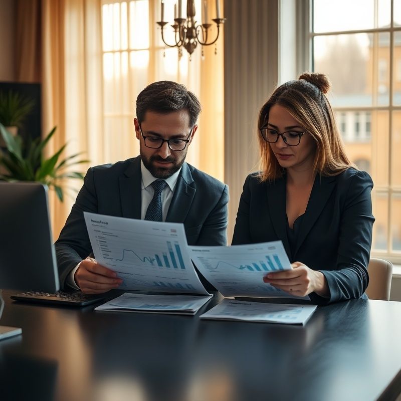 Dva analytici u redakčního stolu procházejí tištěné finanční grafy